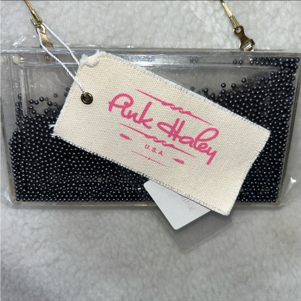 Pink Haley Clutch purse 7" acrylic plastic clearblack beads long gold chain READ